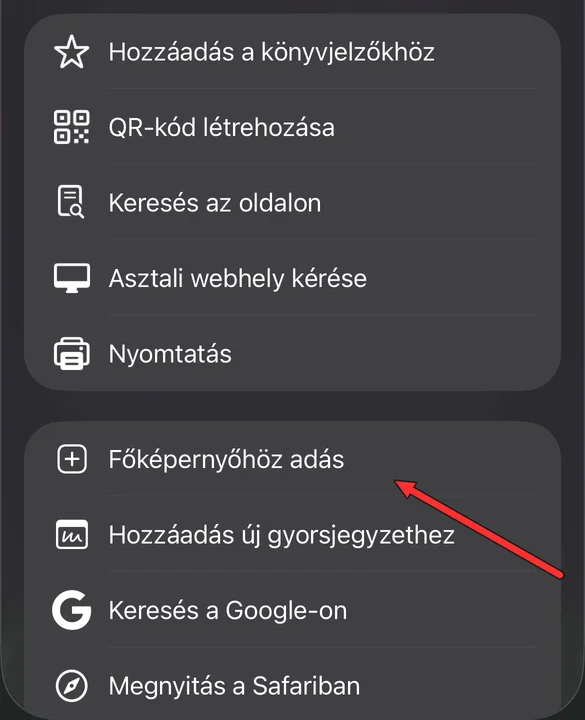 A megosztás ablak listája Chrome-ban, benne a Főképernyőhöz adás sorral