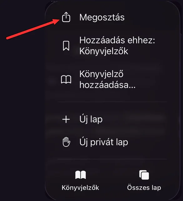 A Safari menüje, legfelül a Megosztás sorral