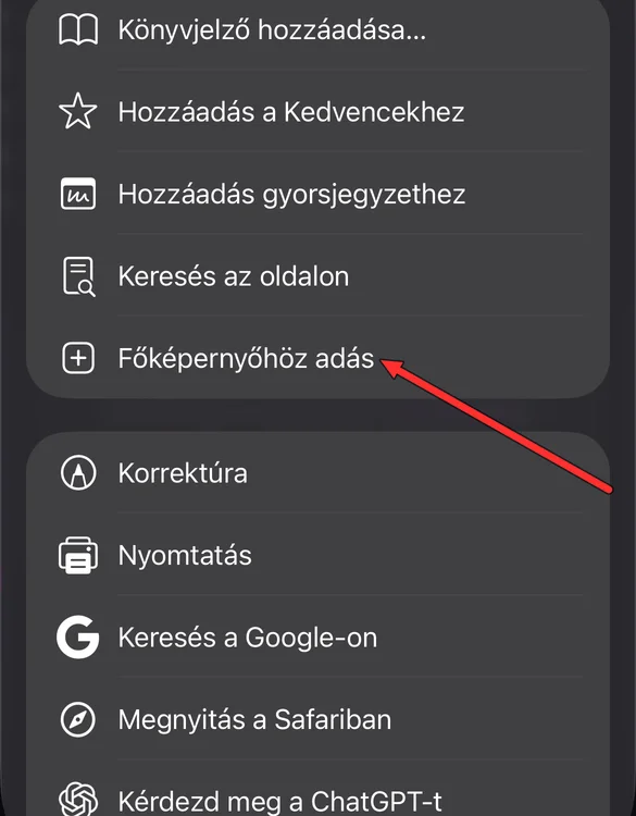 A megosztás ablak listája, benne a Főképernyőhöz adás sorral