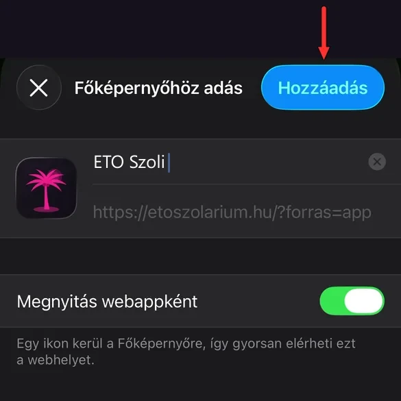 A Főképernyőhöz adás ablak, az ETO Szoli névvel és a Hozzáadás gombbal