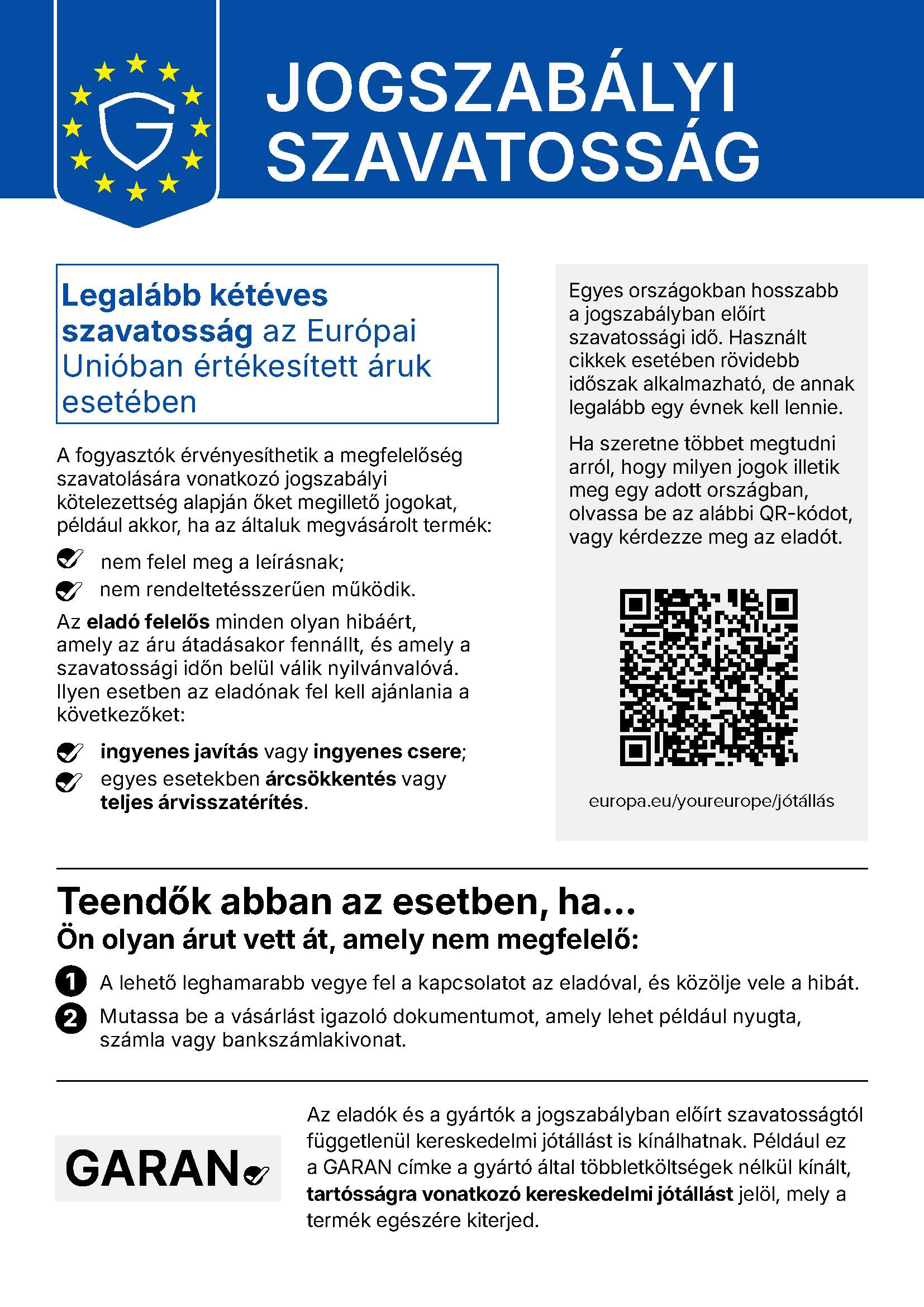 Jogszabályi szavatosság — az Európai Unió egységes tájékoztatója (a szövege lent is olvasható)