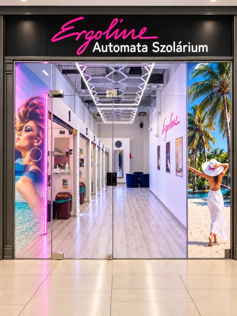 Az Ergoline Automata Szolárium üvegajtós bejárata a rózsaszín Ergoline felirattal