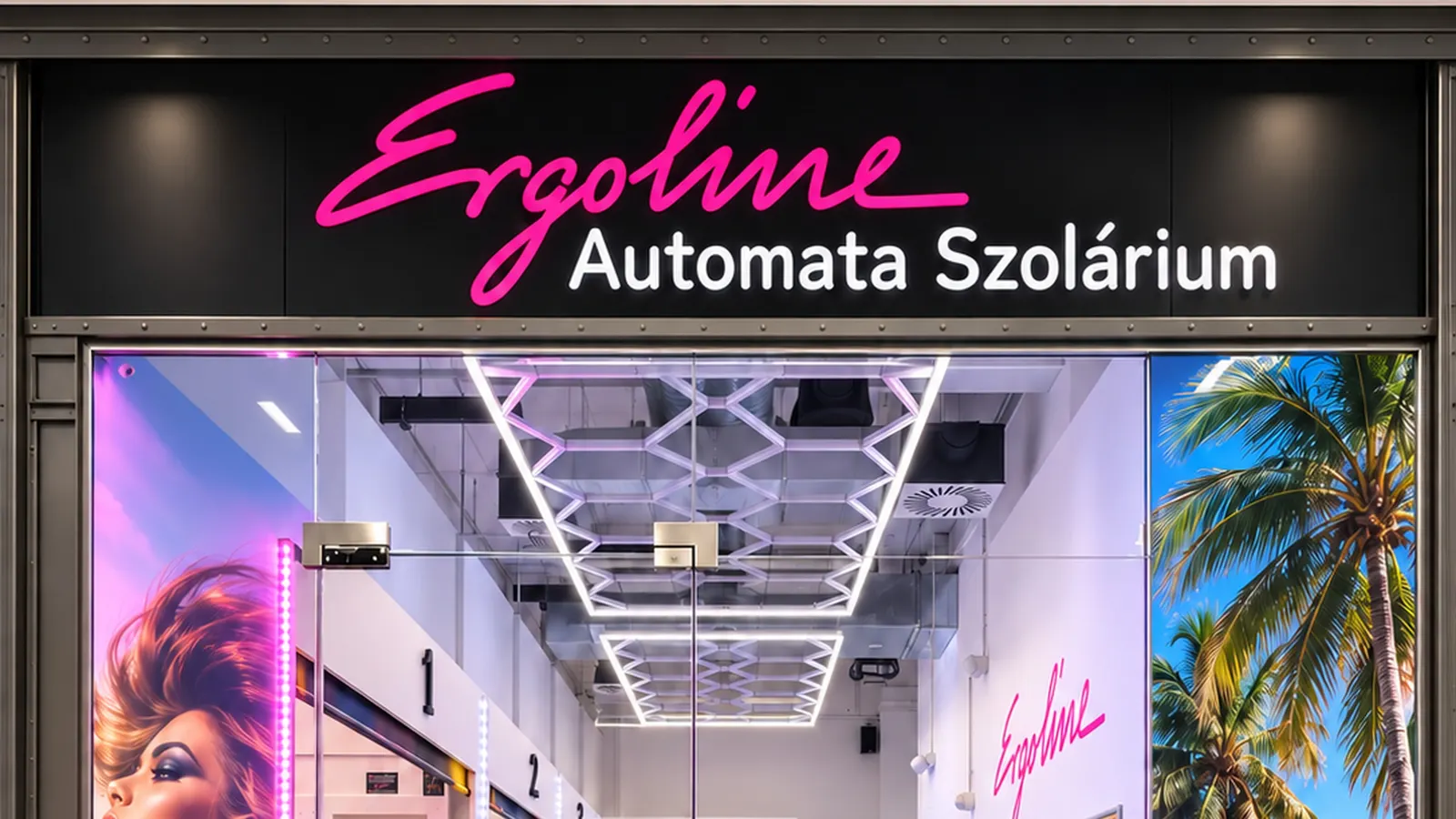 Az Ergoline Automata Szolárium bejárata — Győr, ETO Park, 1. emelet